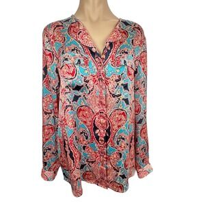 Jones New York Blouse Red Blue Button-up Size 12  Long Roll Tab Sleeve Polyester